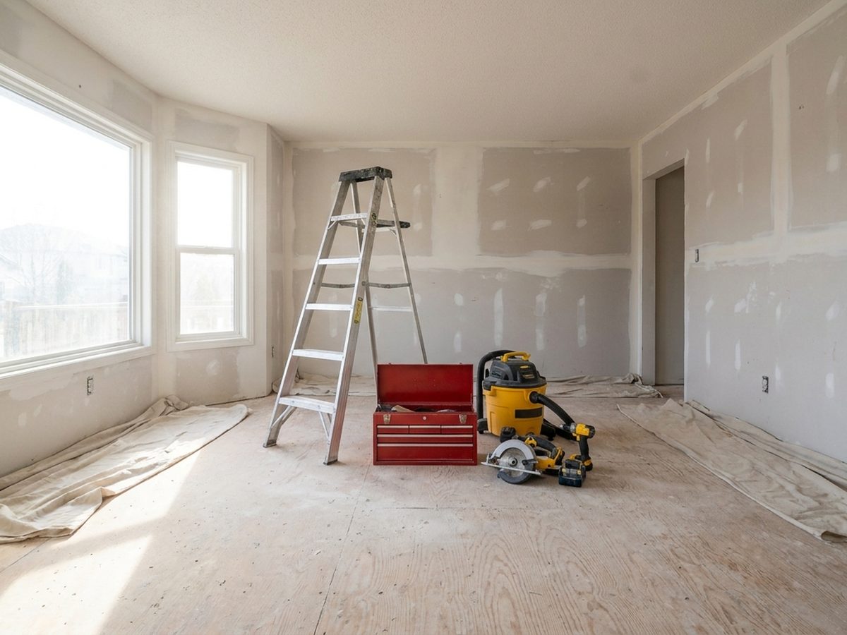 Room under renovation with a ladder and tools