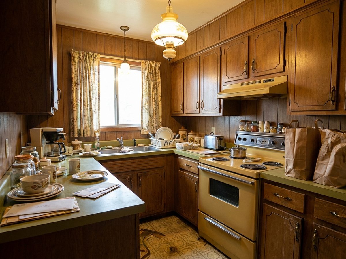 Older kitchen with wood cabinets and belongings on the counters